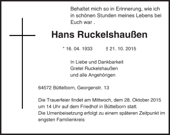 Traueranzeige von Hans Ruckelshaußen von trauer.echo-online.de