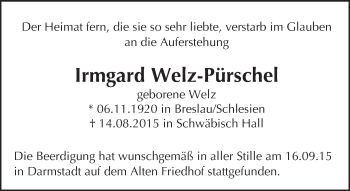 Traueranzeige von Irmgard Welz-Pürschel von trauer.echo-online.de