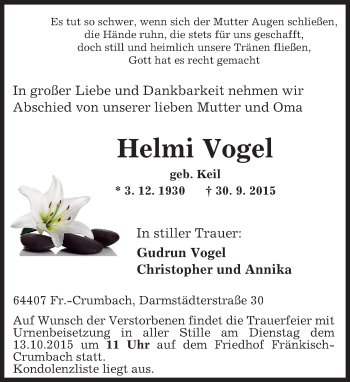 Traueranzeige von Helmi Vogel von trauer.echo-online.de