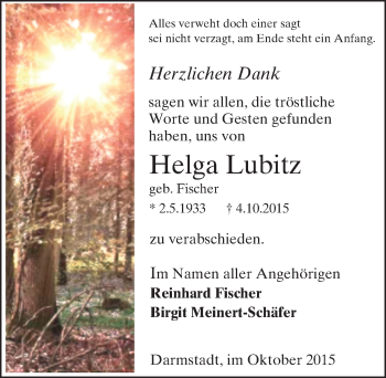 Traueranzeige von Helga Lubitz von trauer.echo-online.de