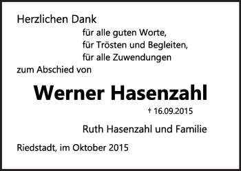 Traueranzeige von Werner Hasenzahl von trauer.echo-online.de