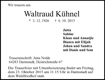Traueranzeige von Waltraud Kühnel von trauer.echo-online.de