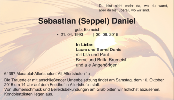 Traueranzeige von Sebastian Daniel von trauer.echo-online.de
