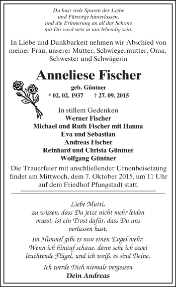 Traueranzeige von Anneliese Fischer von trauer.echo-online.de