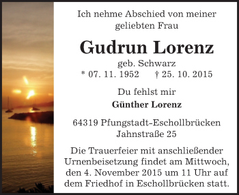 Traueranzeige von Gudrun Lorenz von trauer.echo-online.de