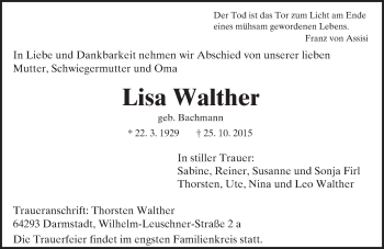 Traueranzeige von Lisa Walther von trauer.echo-online.de