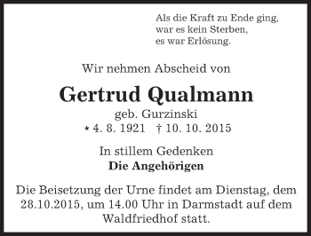 Traueranzeige von Gertrud Qualmann von trauer.echo-online.de