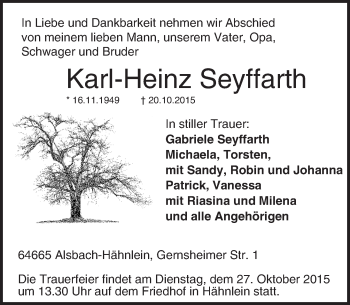 Traueranzeige von Karl-Heinz Seyffarth von trauer.echo-online.de