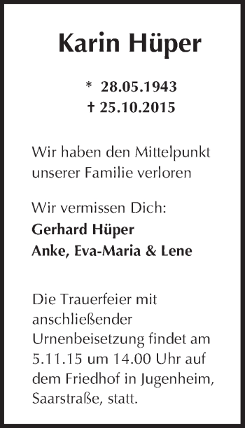 Traueranzeige von Karin Hüper von trauer.echo-online.de