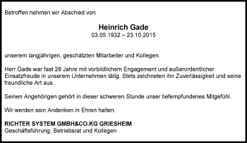 Traueranzeige von Heinrich Gade von trauer.echo-online.de