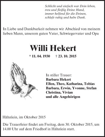 Traueranzeige von Willi Hekert von trauer.echo-online.de