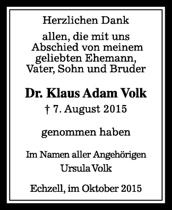 Traueranzeige von Klaus Adam Volk von trauer.echo-online.de