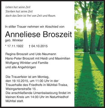 Traueranzeige von Anneliese Broszeit von trauer.echo-online.de