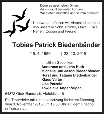 Traueranzeige von Tobias Patrick Biedenbänder von trauer.echo-online.de