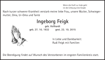 Traueranzeige von Ingeborg Feigk von trauer.echo-online.de