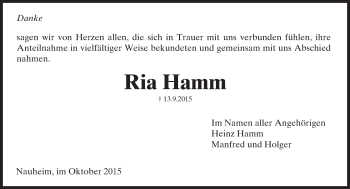 Traueranzeige von Ria Hamm von trauer.echo-online.de