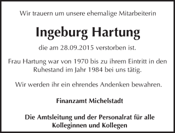 Traueranzeige von Ingeburg Hartung von trauer.echo-online.de