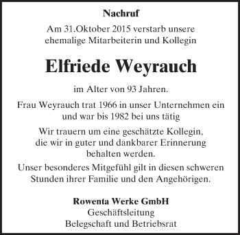 Traueranzeige von Elfriede Weyrauch von trauer.echo-online.de