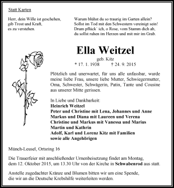 Traueranzeige von Ella Weitzel von VRM Trauer