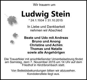 Traueranzeige von Ludwig Stein von trauer.echo-online.de