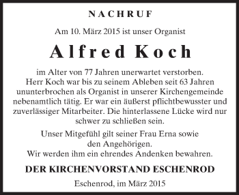 Traueranzeige von Alfred Koch von  Kreisanzeiger