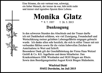 Traueranzeige von Monika Glatz von  Ingelheim-Bingen