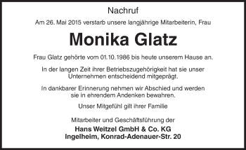 Traueranzeige von Monika Glatz von  Bad Kreuznach
