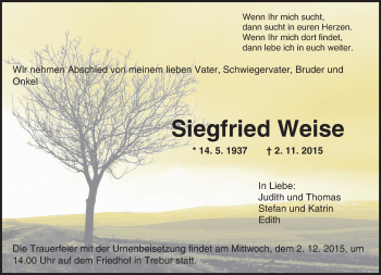 Traueranzeige von Siegfried Weise von trauer.echo-online.de