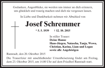 Traueranzeige von Josef Schremmer von  Kreisanzeiger