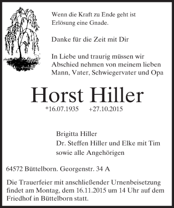 Traueranzeige von Horst Hiller von trauer.echo-online.de