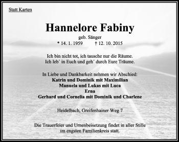 Traueranzeige von Hannelore Fabiny von VRM Trauer