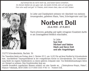 Traueranzeige von Norbert Doll von  Ingelheim-Bingen