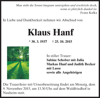 Traueranzeige von Klaus Hanf von trauer.echo-online.de