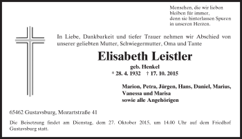 Traueranzeige von Elisabeth Leistler von  Mainz