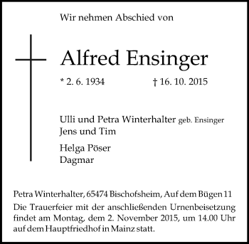Traueranzeige von Alfred Ensinger von  Mainspitze