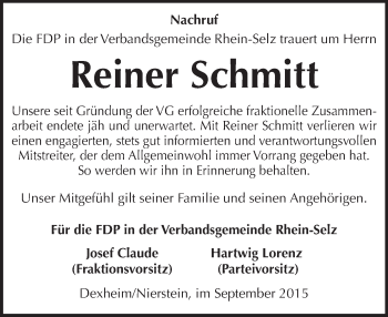 Traueranzeige von Reiner Schmitt von  Landskrone