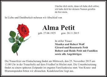 Traueranzeige von Alma Petit von trauer.echo-online.de