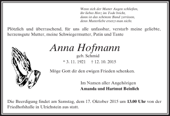 Traueranzeige von Anna Hofmann von VRM Trauer