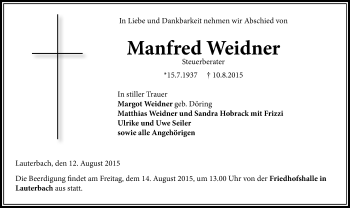 Traueranzeige von Manfred Weidner von VRM Trauer