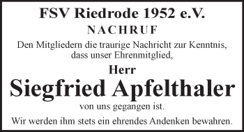 Traueranzeige von Siegfried Apfelthaler von  Bürstädter Zeitung