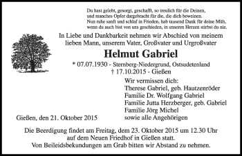 Traueranzeige von Helmut Gabriel von  Gießener Anzeiger
