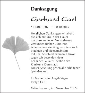 Traueranzeige von Gerhard Carl von trauer.echo-online.de