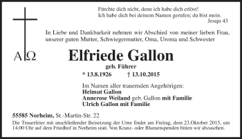 Traueranzeige von Elfriede Gallon von  Bad Kreuznach