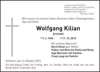 Traueranzeige von Wolfgang Kilian von  Worms