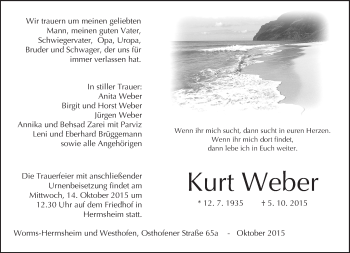 Traueranzeige von Kurt Weber von  Worms