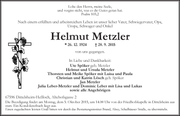 Traueranzeige von Helmut Metzler von  Alzey