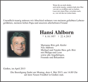 Traueranzeige von Hansi Ahlborn von  Gießener Anzeiger