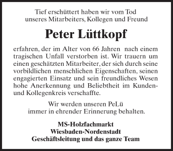 Traueranzeige von Peter Lüttkopf von  WI-komplett