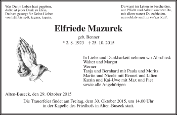 Traueranzeige von Elfriede Mazurek von  Gießener Anzeiger