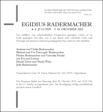 Traueranzeige von Egidius Radermacher von  Mainz
